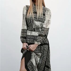 Mango Black and Cream Patterned Long Sleeve Dress